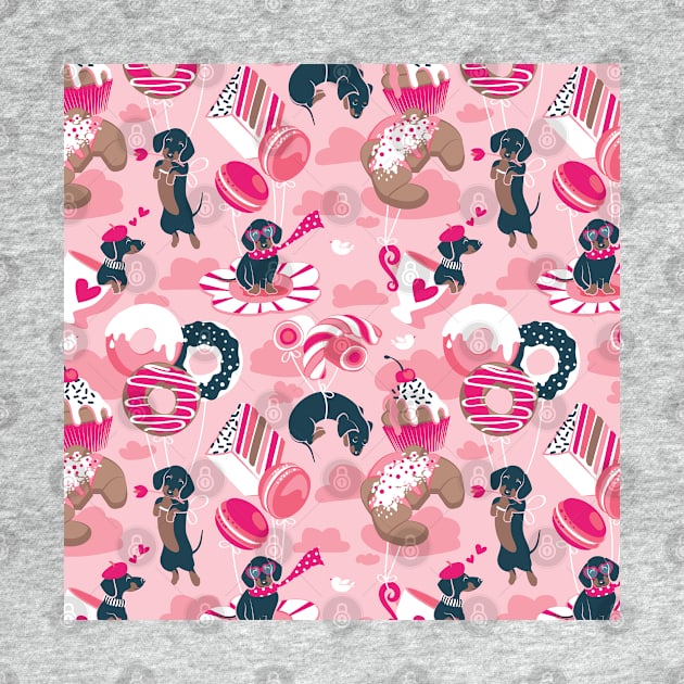 Pastel café sweet love dream // pattern // grey background fuchsia pink pastry details blue dachshund dog puppies by SelmaCardoso